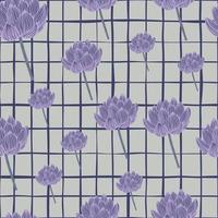 motif harmonieux aléatoire dans des tons pâles avec des éléments de fleur de lotus de couleur violette. fond quadrillé gris. vecteur