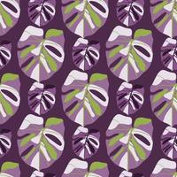 motif floral exotique sans couture avec des silhouettes de monstère. feuilles tropicales et arrière-plan dans une palette violette et verte. vecteur