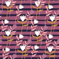 motif de printemps harmonieux et lumineux avec des fleurs de tulipes blanches. tiges orange et rose. fond rayé lilas et violet. vecteur