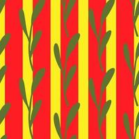 modèle sans couture d'ornement de branches minimalistes abstraites vertes. fond rayé rouge et jaune. vecteur