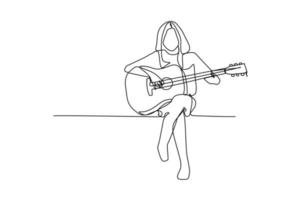 dessin continu d'une ligne d'une guitariste assise jouant de la guitare. concept de performance d'artiste musicien dynamique illustration vectorielle de dessin graphique à une seule ligne vecteur