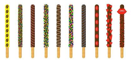 jour de pepero. bâtonnets de biscuits au chocolat. glacer des formes géométriques colorées. ensemble de bâtons de paille pocky. illustration vectorielle isolée. vecteur