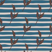 les branches de feuilles diagonales brunes impriment un motif sans couture dans un style doodle. fond rayé bleu et gris. vecteur