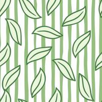 motif géométrique sans couture avec impression de formes de feuilles de contour de doodle. fond rayé vert. vecteur
