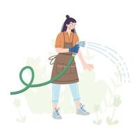 la fille arrose les plantes avec un tuyau. une jeune femme travaille dans un potager ou une ferme. illustration de dessin à la main en style cartoon. notion de jardinage. vecteur