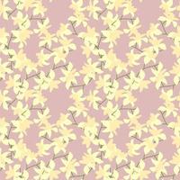 motif exotique harmonieux floral aléatoire avec imprimé de fleurs hawaii jaune clair. fond pastel violet. vecteur