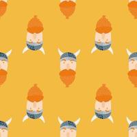 motif de doodle sans couture avec ornement de personnage viking. visages d'homme forestier stylisé sur fond orange. vecteur