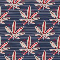 motif simple et harmonieux avec ornement de marijuana grise et détails rouges. fond bleu marine avec bandes. vecteur
