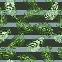 feuilles de fougères vertes aléatoires ornent un motif de doodle sans couture dans un style tropique simple. fond rayé. vecteur