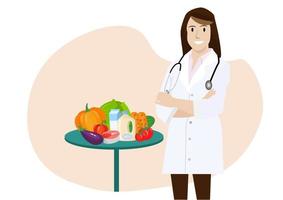 nutritionniste, elle sourit brillamment. et a montré un concept de fruits et légumes sains en matière de soins de santé et de régime alimentaire vecteur