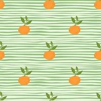 motif de fruits sans couture de silhouettes de mandarine orange drôle. fond rayé vert. impression de récolte de jardin. vecteur