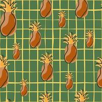 motif harmonieux d'ananas abstrait marron aléatoire dans un style doodle. fond à carreaux verts. vecteur