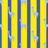 modèle sans couture enfantin lumineux avec des silhouettes de girafe bleues. fond rayé bleu marine et jaune. vecteur