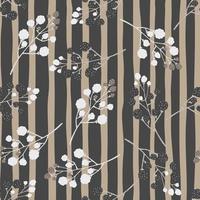 motif harmonieux aléatoire avec imprimé blackberry doodle blanc et gris foncé. fond rayé beige et marron. vecteur