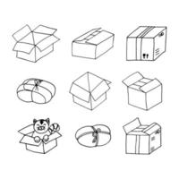 boîte en carton et cadeau dans du papier d'emballage avec ruban dessiné à la main dans un style doodle. image vectorielle, dessin au trait, nordique, scandinave, minimalisme, monochrome. icône, autocollant. paquet. vecteur