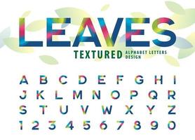 feuilles texture lettres et chiffres de l'alphabet léger, lettre de feuille de palmier colorée moderne vecteur