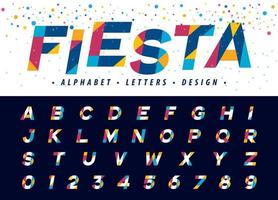 lettres et chiffres de l'alphabet italique géométrique fiesta, vecteur de police de lettre triangle coloré moderne