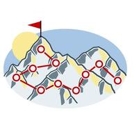 montagne d'escalade avec drapeau rouge. points et étapes du parcours. vecteur