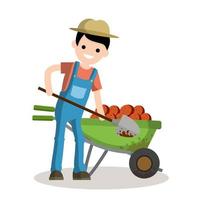 garçon rural creusant des pommes de terre avec une bêche. illustration plate de dessin animé vecteur