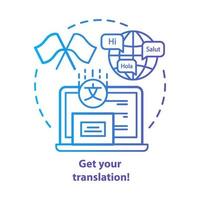 obtenez votre icône de concept bleu de traduction. illustration de fine ligne d'idée de traducteur multilingue en ligne. interprétation et vérification orthographique. une langue étrangère. dessin de contour isolé de vecteur. trait modifiable vecteur