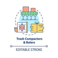 compacteurs de déchets, icône de concept de presses à balles. traitement des ordures, équipement de compression. recyclage des déchets illustration de ligne mince idée abstraite. dessin de couleur de contour isolé de vecteur. trait modifiable vecteur