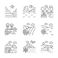 ensemble d'icônes linéaires de biomes et de reliefs. zones climatiques sèches et humides. régions du nord et du sud. symboles de contour de ligne fine personnalisables. illustrations vectorielles isolées. trait modifiable vecteur