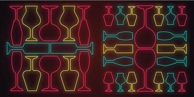 ensemble d'icônes de néon de verres à vin. service de restauration. bar à alcool. verres à porto et madère. verrerie pour boissons alcoolisées. signes lumineux. illustrations vectorielles isolées vecteur