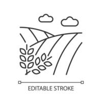 icône linéaire des terres cultivées. la production et la récolte des cultures. l'agriculture et les terres arables. zone agricole. illustration personnalisable en ligne mince. symbole de contour. dessin de contour isolé de vecteur. trait modifiable vecteur