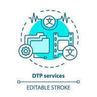 icône de concept bleu de services dtp. illustration de fine ligne d'idée de services de publication assistée par ordinateur. l'édition de copie, la traduction de contenu et la mise en forme de texte. dessin de contour isolé de vecteur. trait modifiable vecteur