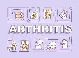 bannière de concepts de mot arthrite. inflammation et gonflement des articulations. infographie avec des icônes linéaires sur fond violet. typographie créative isolée. illustration de couleur de contour vectoriel avec texte