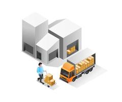 concept d'illustration isométrique. homme transportant des marchandises au camion vecteur