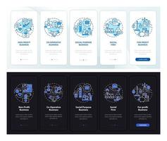 types d'écran de page d'application mobile d'intégration sombre et clair d'entreprise sociale. instructions graphiques en 5 étapes avec concepts. modèle vectoriel ui, ux, gui avec illustrations linéaires en mode nuit et jour