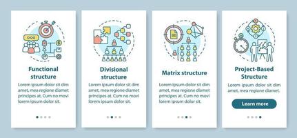 écran de page d'application mobile d'intégration de structure d'entreprise avec des concepts linéaires. hiérarchie organisationnelle. instructions graphiques pas à pas pour la gestion de l'entreprise. ux, ui, modèle vectoriel gui avec illustrations