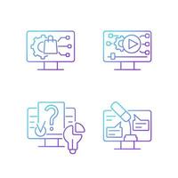 s'engager avec le jeu d'icônes vectorielles linéaires à gradient de technologie numérique. développement de produits. vidéo pour les réseaux sociaux. ensemble de symboles de contour de ligne mince. collection d'illustrations de contour isolé vecteur