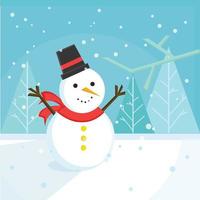 sourire dessin animé bonhomme de neige sur la montagne avec bonnet et écharpe vecteur