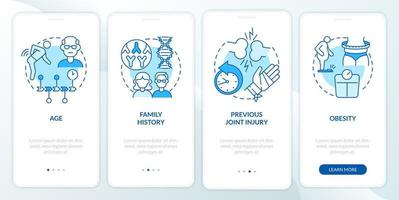 Écran bleu de la page de l'application mobile d'intégration des facteurs de risque d'arthrite. Causes de la maladie Instructions graphiques en 4 étapes avec concepts. modèle vectoriel ui, ux, gui avec illustrations couleur linéaires
