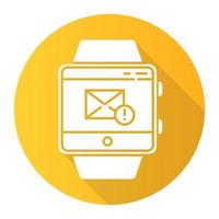 fonction de smartwatch de messagerie icône de glyphe d'ombre longue à motif plat orange. envoyer et recevoir du courrier, des notifications. bracelet de remise en forme. communication et connexion. illustration vectorielle silhouette vecteur