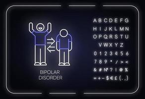 icône de néon de trouble bipolaire. épisodes maniaques et dépressifs. dédoublement de la personnalité. changement d'humeur. problèmes de santé mentale. signe lumineux avec alphabet, chiffres et symboles. illustration vectorielle isolée vecteur