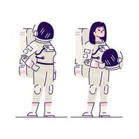 astronaute féminine avec illustration vectorielle plane de casque. cosmonaute souriant, explorateur de l'espace tenant un personnage de dessin animé isolé de casque sur fond blanc. mission spatiale, exploration de l'univers vecteur