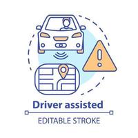 icône de concept assisté par le conducteur. fonctionnalités intelligentes de la voiture pour la sécurité et le confort. informations sensorielles à l'illustration de la ligne mince de l'idée des chemins de navigation. dessin de contour isolé de vecteur. trait modifiable vecteur