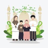 famille musulmane heureuse célébrant ensemble l'aïd, carte de voeux vecteur