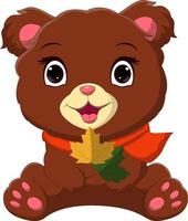 dessin animé mignon bébé ours en écharpe tenant une feuille vecteur