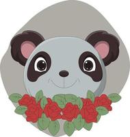 dessin animé mignon de tête de panda avec des fleurs vecteur