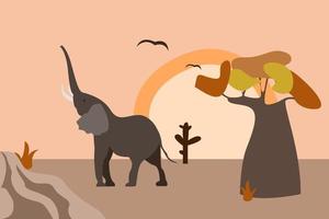 paysage africain minimaliste avec éléphant. illustration de dessin animé plat de vecteur