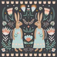 carte de joyeuses pâques dans un style d'art populaire. lapin ou lapin en robe et motifs floraux. illustration de printemps. vecteur