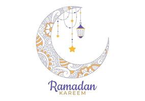 ramadan kareem avec mosquée, lanternes et lune en illustration vectorielle de fond plat pour la fête religieuse islamique eid fitr ou bannière ou affiche du festival adha vecteur