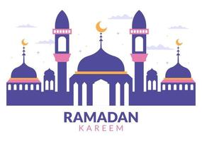 ramadan kareem avec mosquée, lanternes et lune en illustration vectorielle de fond plat pour la fête religieuse islamique eid fitr ou bannière ou affiche du festival adha vecteur