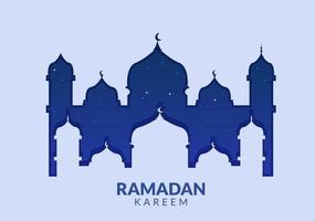 ramadan kareem avec mosquée, lanternes et lune en illustration vectorielle de fond plat pour la fête religieuse islamique eid fitr ou bannière ou affiche du festival adha vecteur