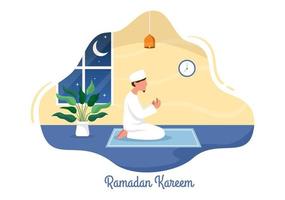 ramadan kareem avec caractère de personne en prière sur fond plat illustration vectorielle pour la fête religieuse islamique eid fitr ou bannière ou affiche du festival adha vecteur