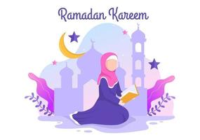 ramadan kareem avec caractère de personne en prière et lecture en illustration vectorielle de fond plat pour la fête religieuse islamique eid fitr ou bannière ou affiche du festival adha vecteur